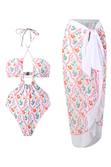 Halter Neck Nøkkelhull One Piece Bikini med strandskjørt